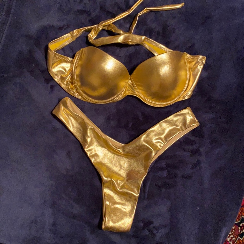 Metallic Gold Brazilian Bottom Strapless Bikini